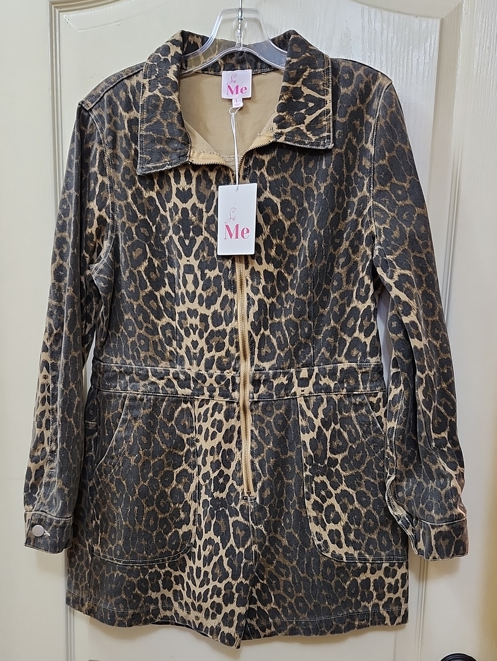 "So Me" Leopard Zip-Up Denim Romper